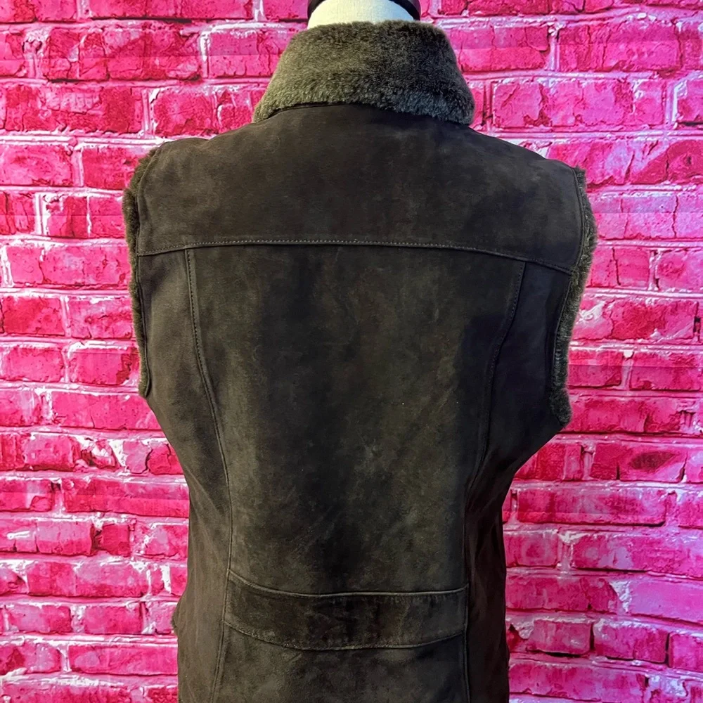 Eddie Bauer Suede Leather Vest Jacket Womens Medium‎ Brown Faux Fur Lined